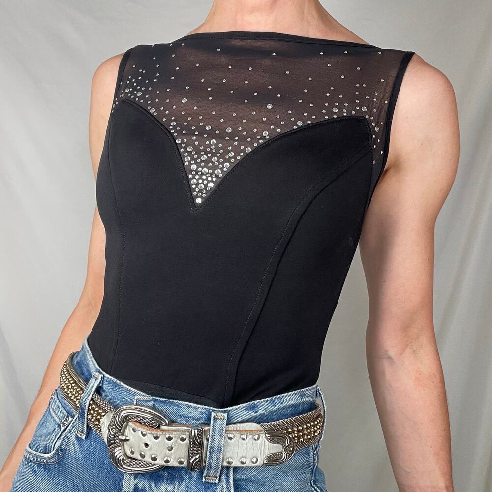 Cache vintage rhinestone bodysuit sleeveless illusion sweetheart Tadashi 90s S - Picture 17 of 17